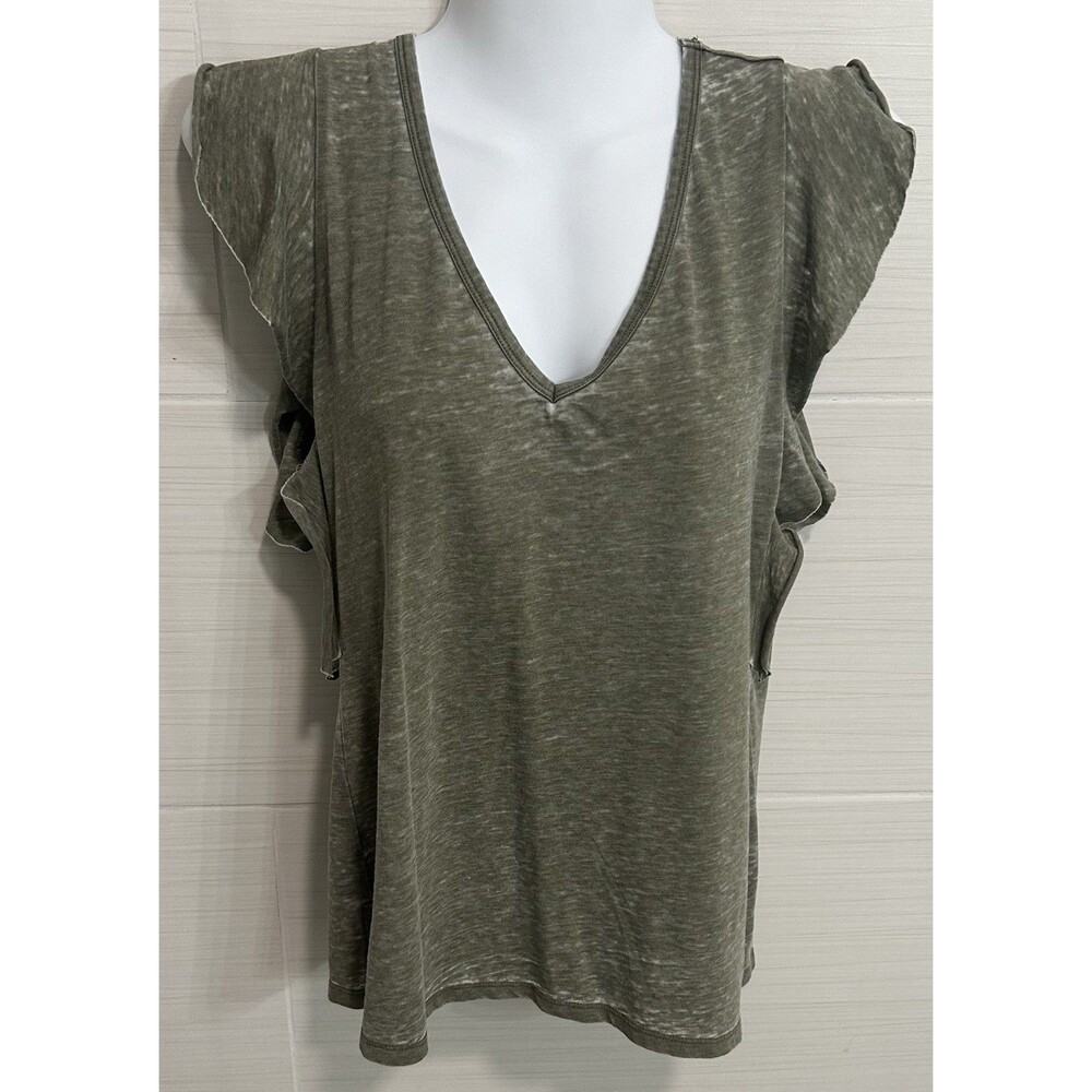 Time & Tru Burnout Olive Green Flutter Sleeve V Neck Top S, Boho Earthy Nature